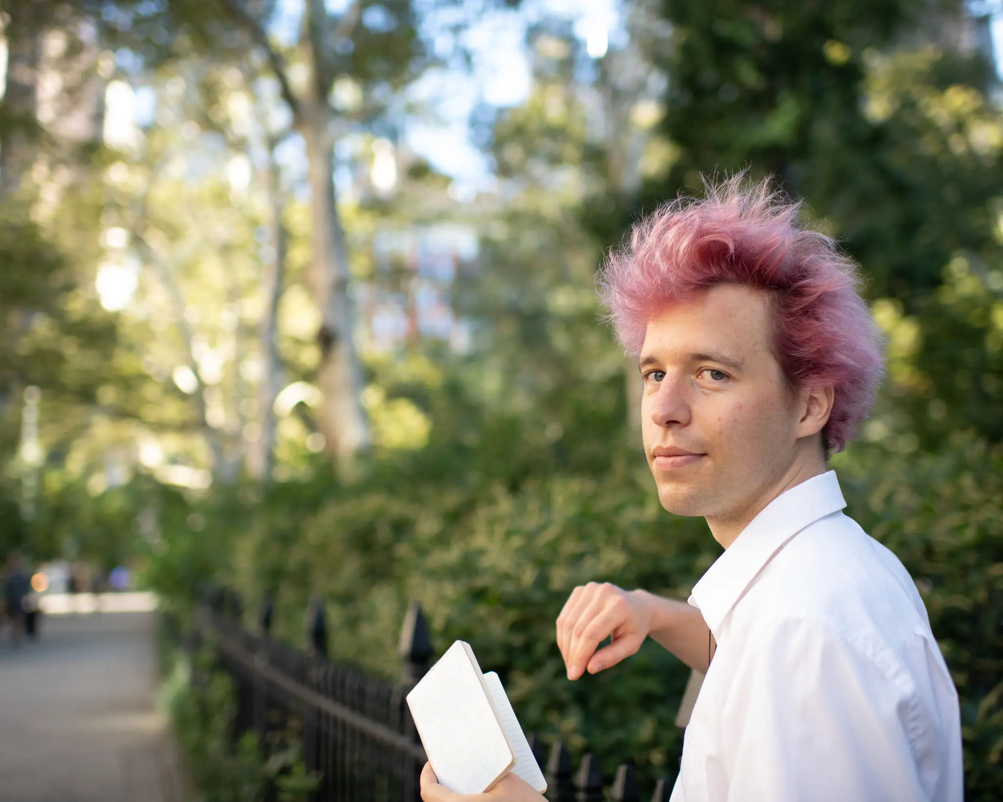 Owen in Madison Square Park, looking expectedly towards the camera