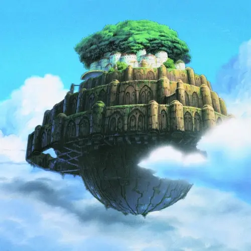 A tree-covered castle floating in the clouds