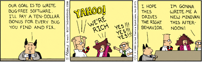 A Dilbert comic where the team celebrates the introduction of a bug bounty program