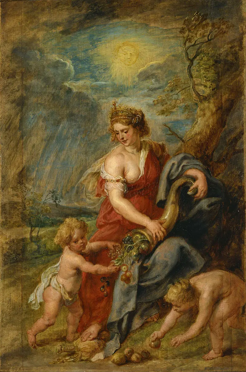 A rennaissance painting of a woman holding a cornucopia out to some naked babies who are playing