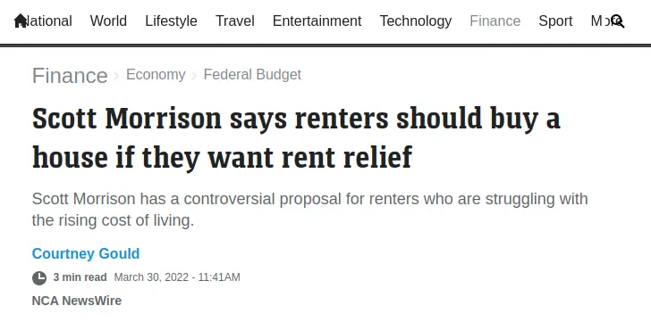 A headline reading, “Scott Morrison says renters should buy a house if they want rent relief”